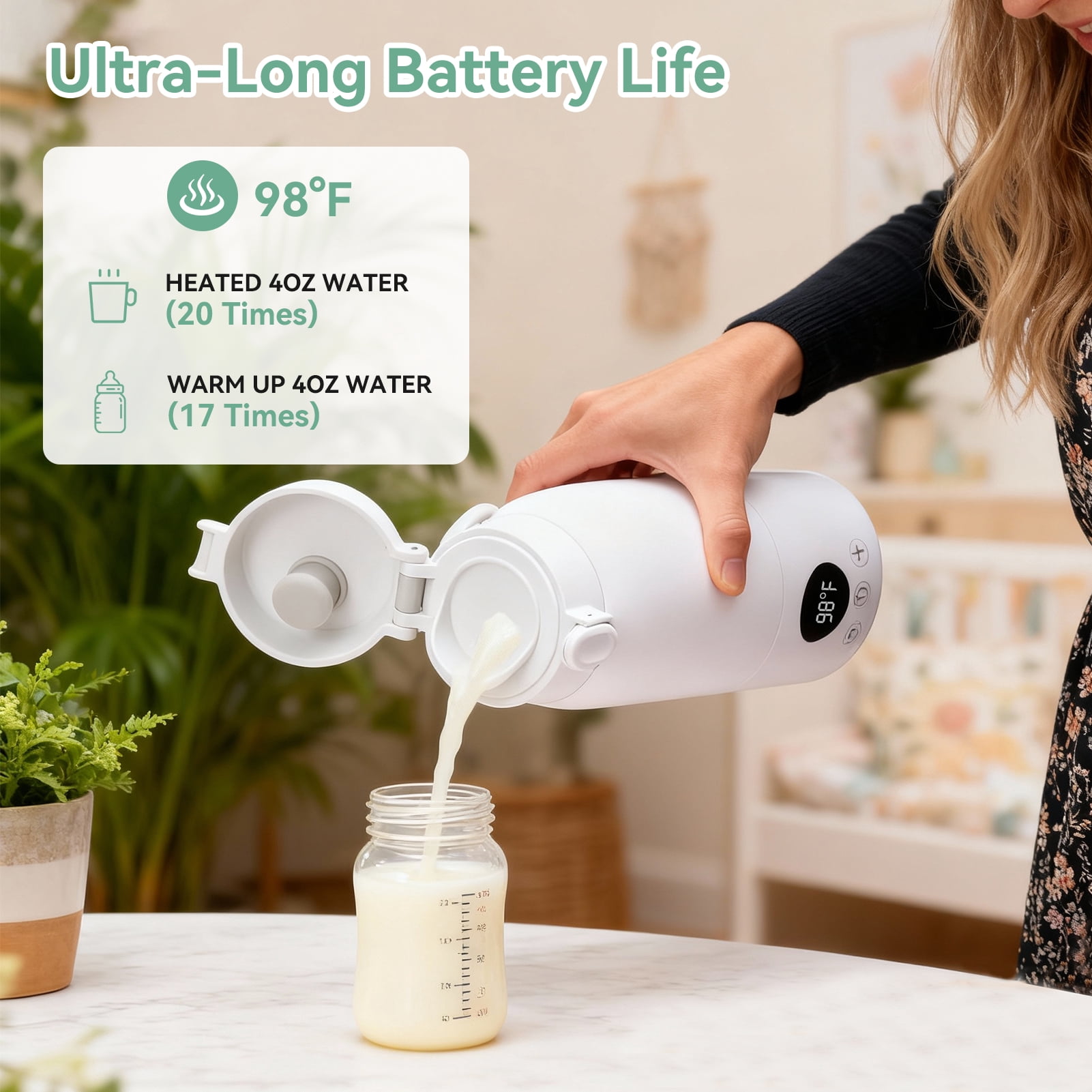 Baby Bottle Warmer 17oz Large Capacity Fast Heating Portable Cordless Milk Warmer for Breastmilk and Formula, for Travel Car Outdoor