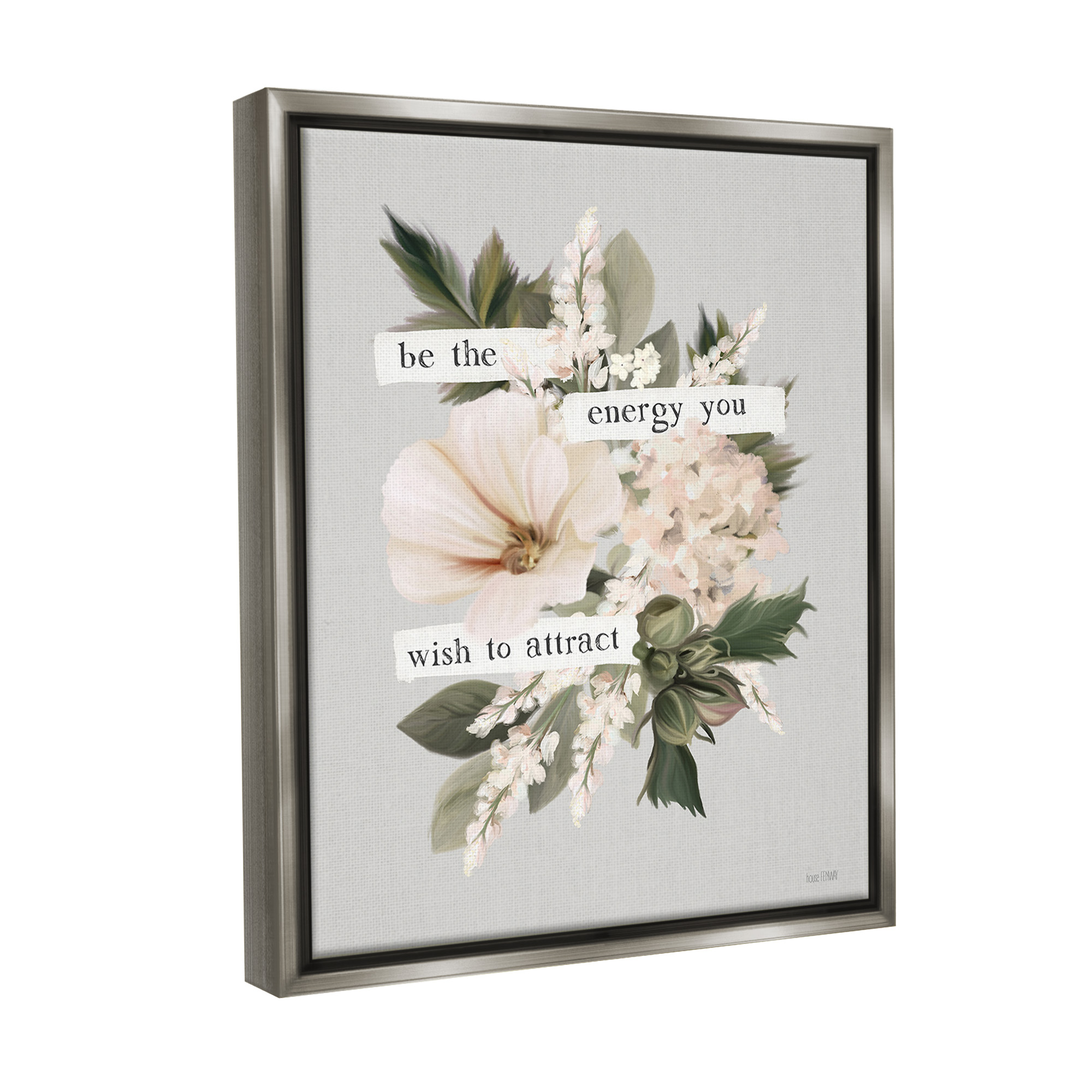 Stupell Industries Inspirational Be The Energy Botanical & Floral Painting Gray Floater Framed Canvas Art Print Wall Art, 17 x 21
