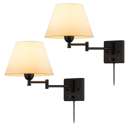 Swing Arm Wall Lamp Plug-in Cord Home Decorators Simplicity Wall Sconce, Ivory Fabric Shade, with On/Off Switch E26 Base 2-Light Bedroom Wall Lights Fixtures, Bedside Reading Lamp