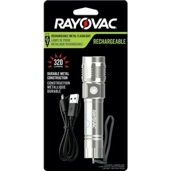 Rayovac Metal Rechargeable LED Flashlight with USB Charging Cable, 300 Lumens, 18650 battery