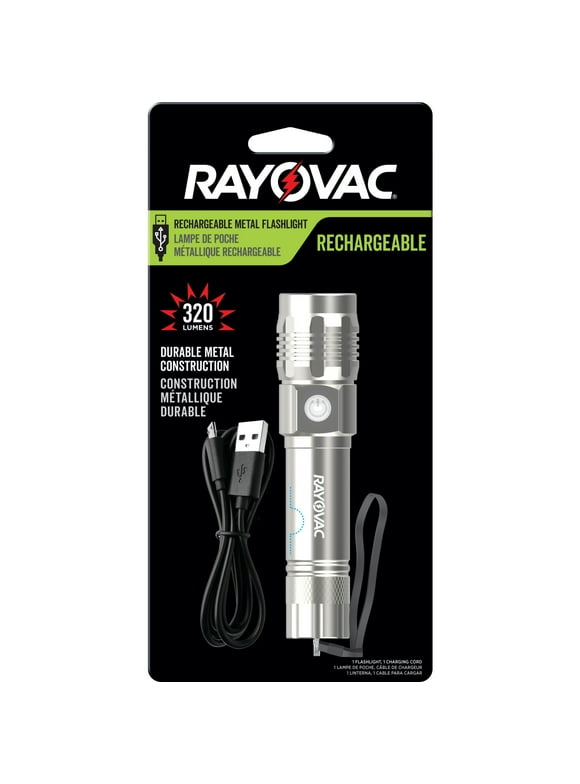 Rayovac Metal Rechargeable LED Flashlight with USB Charging Cable, 300 Lumens, 18650 Battery