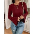 thumbnail image 6 of Women'S Bell Sleeve Crop Tops Dressy Casual Crewneck Lettuce Trim Ribbed Fitted Shirts Wine Red S, 6 of 9