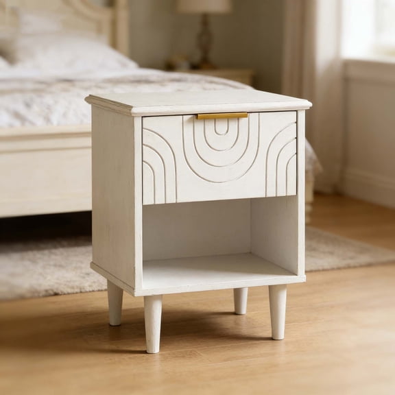 Kids White Nightstand with Gold Handle Drawer, Modern Wood Leg Compact Bedside Table, Space-Saving End Table for Small Bedroom Spaces