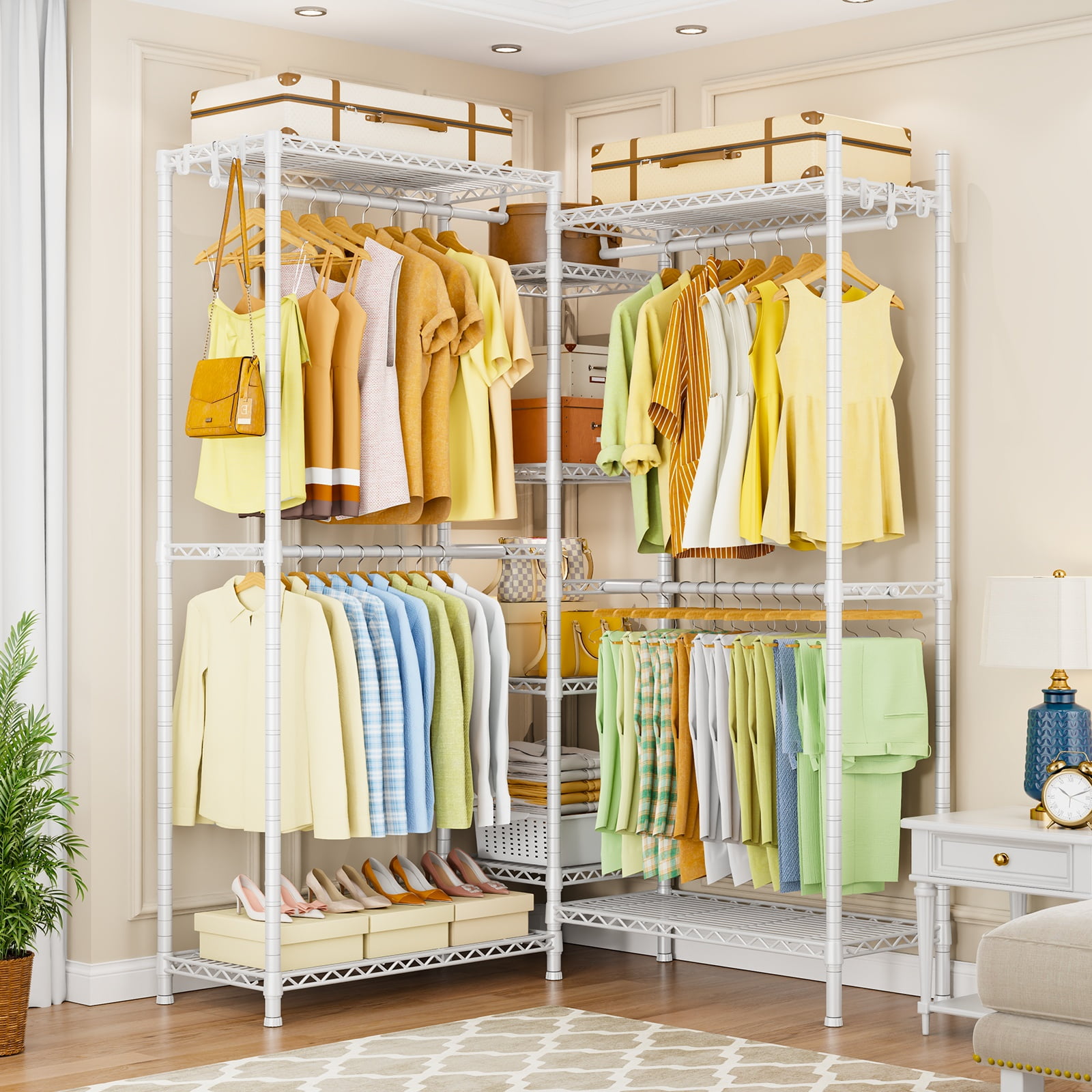 "Ulif E4 White Wire Garment Rack, Closet Organizer with 8 Shelves & 4 Hanger Rods, Heavy Duty, 71.6"" W x 79.3"" H"