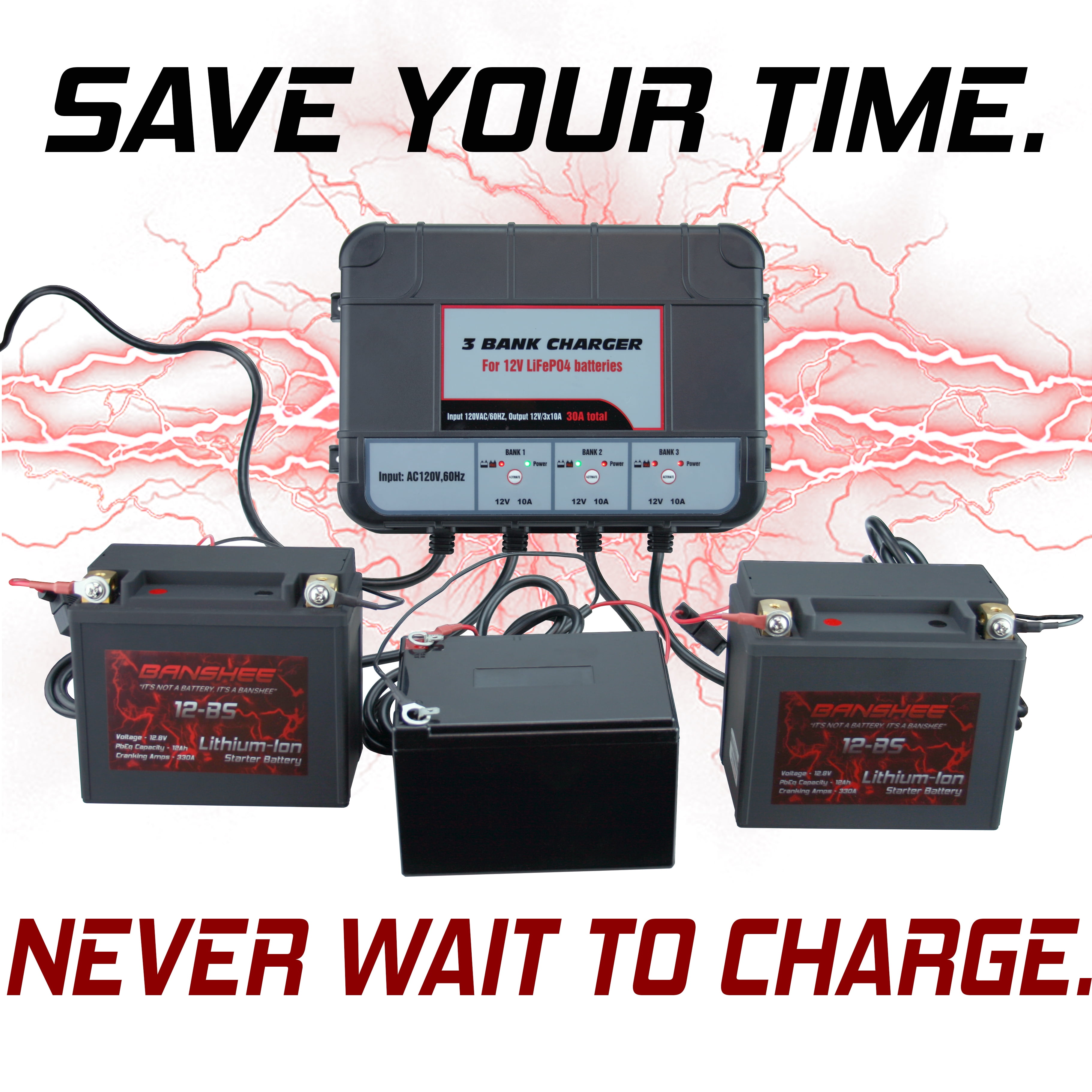 Banshee Lithium LiFePO4 3 Bay 12v Smart Charger/Tender for Car Motorcycle Truck Boat Battery