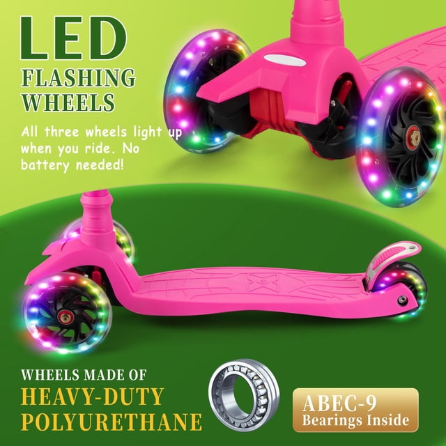 BeesClover Trottinettes pour Enfants de 3 à 5 Ans, une Trottinette Rose avec 3 Roues en PU Lumineuses et Roulements ABEC-9. la Trottinette Présente une Barre en T en Aluminium Antirouille Réglable à Quatre Hauteurs (23,6 à 29,9 Pouces) et un Grand Plateau Antidérapant. Conçue avec la Technologie d'Inclinaison pour Diriger pour des Virages Faciles et un Frein Arrière en Métal pour des Arrêts Sécuritaires. Convient aux Enfants de 3 à 12 Ans, Idéale pour les Activités de Plein Air et les Cyclistes Débutants.