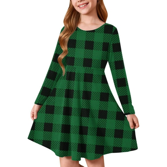 NAISIBABY Girls A-Line Dress, Plaid Stretchy Long Sleeve Training Dance Ballet Casual Dress Army Green 4-5T