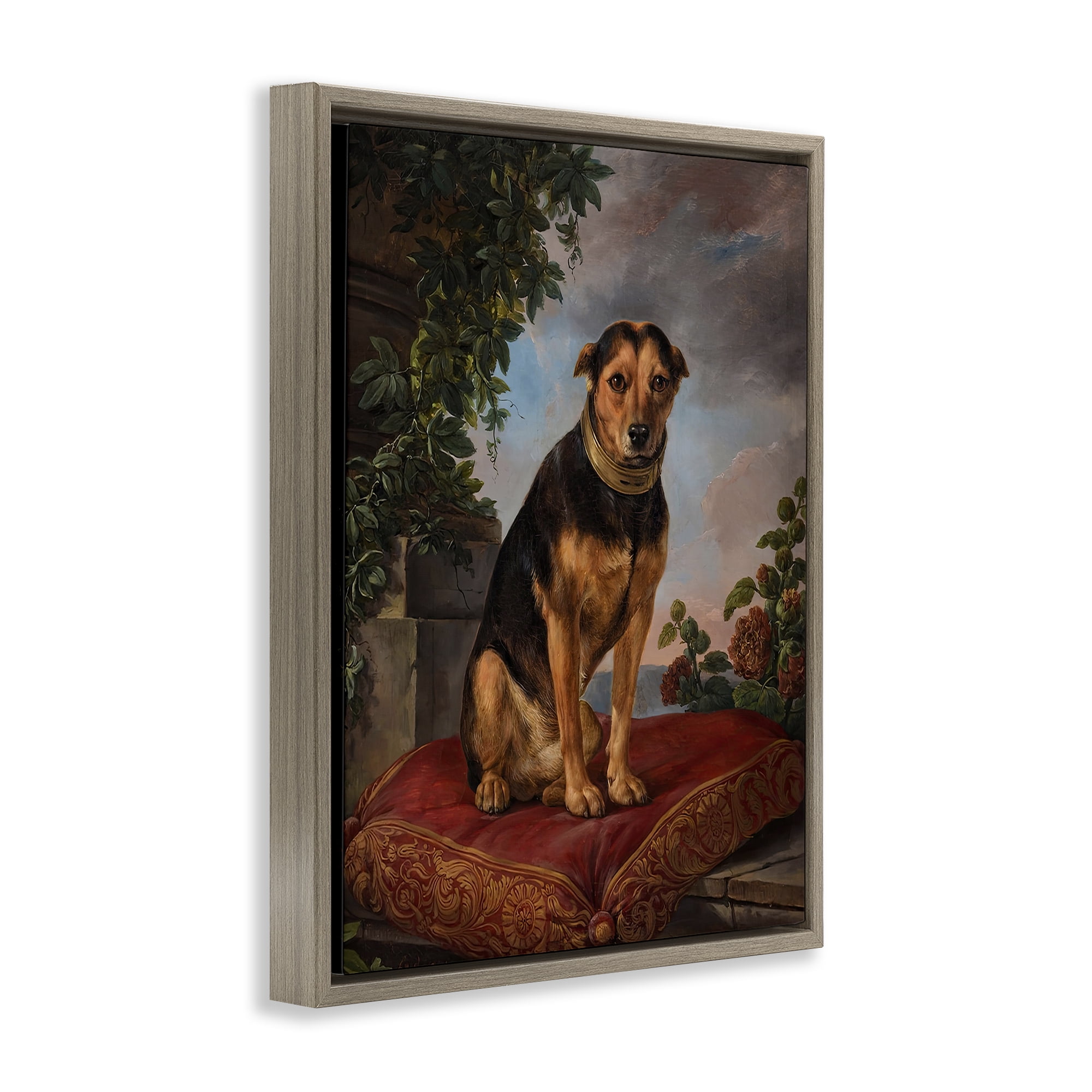 Stupell Industries Historical Dog on Cushion Brown Framed Floater Canvas Wall Art, design by Lil' Rue