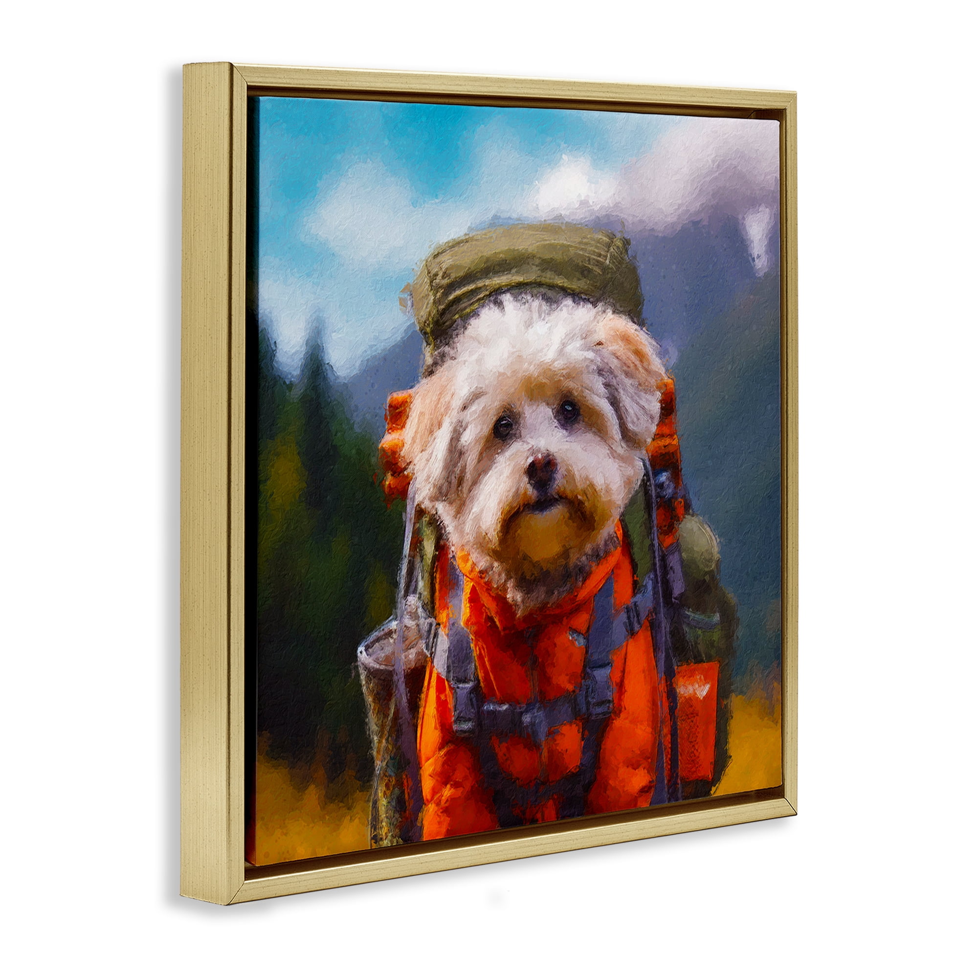 Stupell Industries Adventuring Hiker Dog Gold Framed Floater Canvas Wall Art, design by Sean Parnell