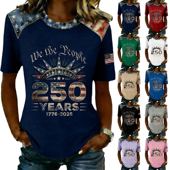 Youpwaven America 250th Anniversary USA Shirt Merchandise for Women, We the People 1776-2026 Patriotic Top, USA Flag Commemorative Tee