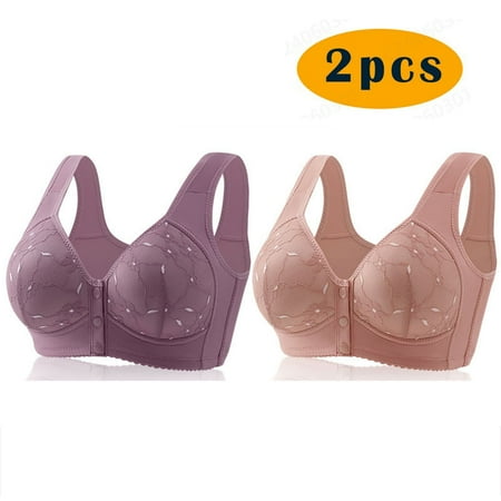 GERsome Women s 2 Pack Assorted Color Comfort Front Close Sport Bra Convenient Snap Sleep Bra Wireless Bras for Women Plus Size Full Coverage No Underwire Bra 2pcs#Purple/Pink L