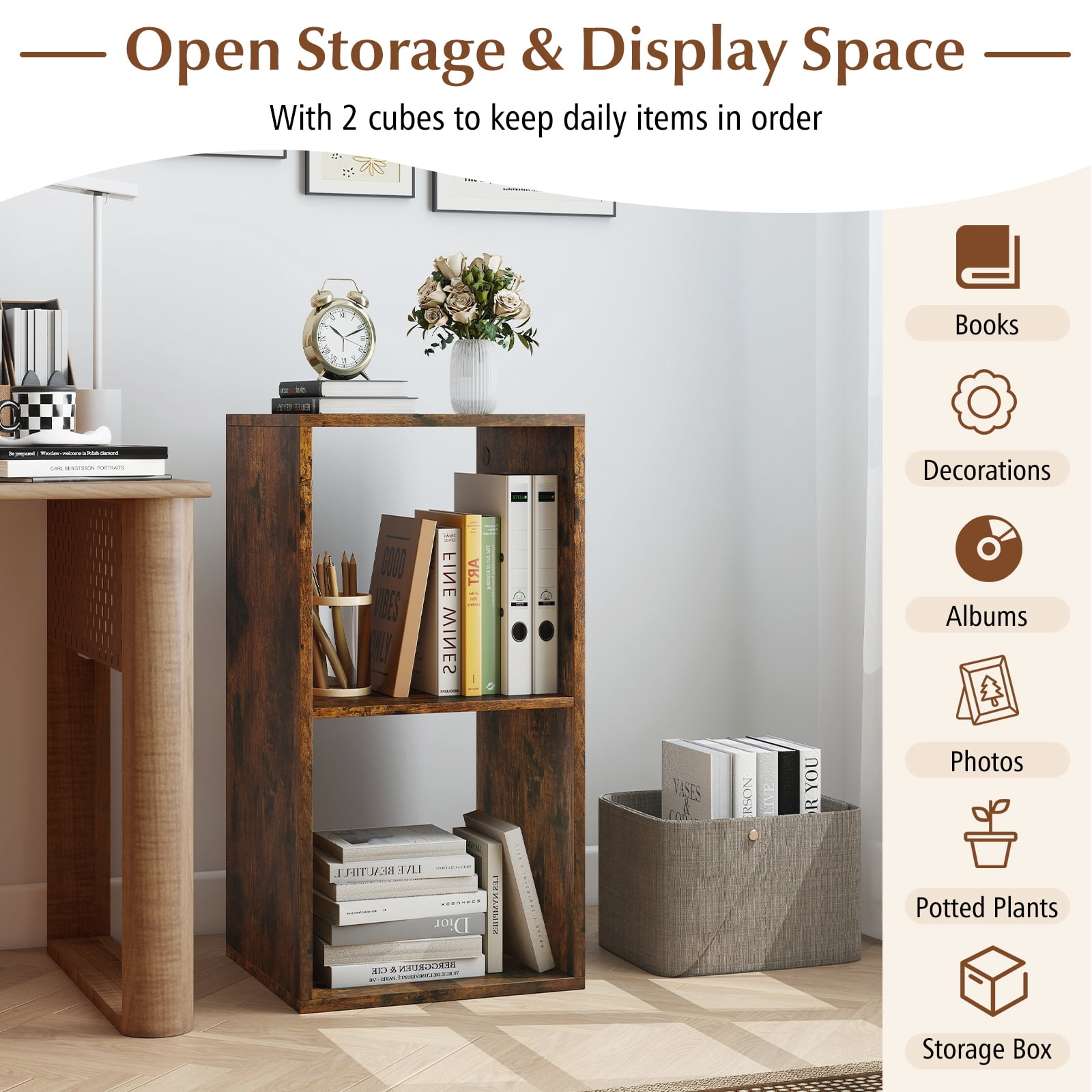 Gymax 2PCS 2-Cube Bookcase w/ Anti-tip Kit 2-Tier Open Back Bookshelf for Bedroom Brown