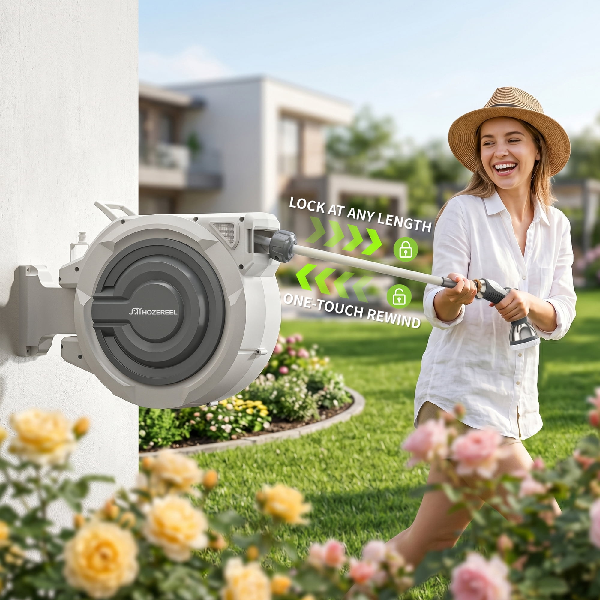 72 FT x 5/8" Retractable Garden Hose Reel by HOZEREEL, Outdoor Garden Hose Reels - Automatic Self Retract Wall Mount Hose Reel Enclosed Storage, Any Length Lock, 10 Pattern Nozzle-Grey
