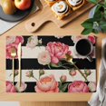thumbnail image 2 of Pink Peony Placemats Set of 2, Flowers Black And White Stripes Linen Texture Non-Slip Place Mats Washable Table Mats for Kitchen Dining Table Decorations Indoor/Outdoor, 2 of 9