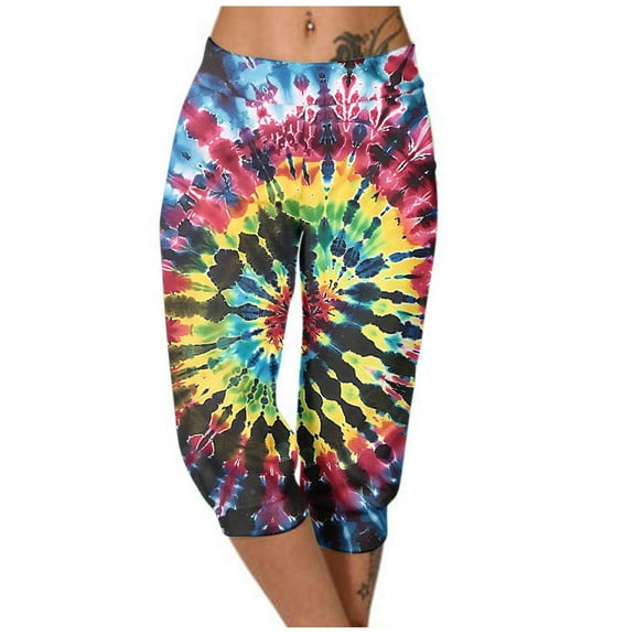 Casual Capri Pants Women Summer Athletic Tie Dye Print Elastic Waist Sweatpants with Pocket Joggers Fashion Bottoms, Multicolor, M