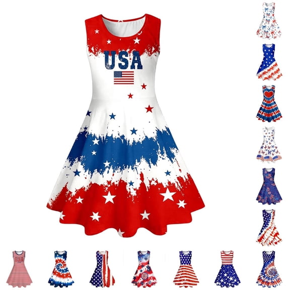 Tisuna Sleeveless USA Anniversary Patriotic Dresses For Girls Kids July 4Th American Flag Dress Girls Fashionable Red White And Blue Dress Red Size 3-4 Years