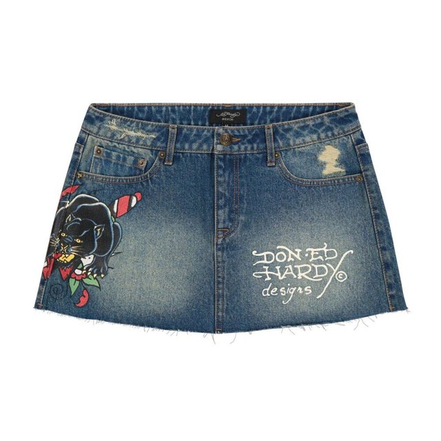 Ed Hardy Panther Dagger Denim Mini Skirt - WEHD6000-9 (Medium Wash, L)