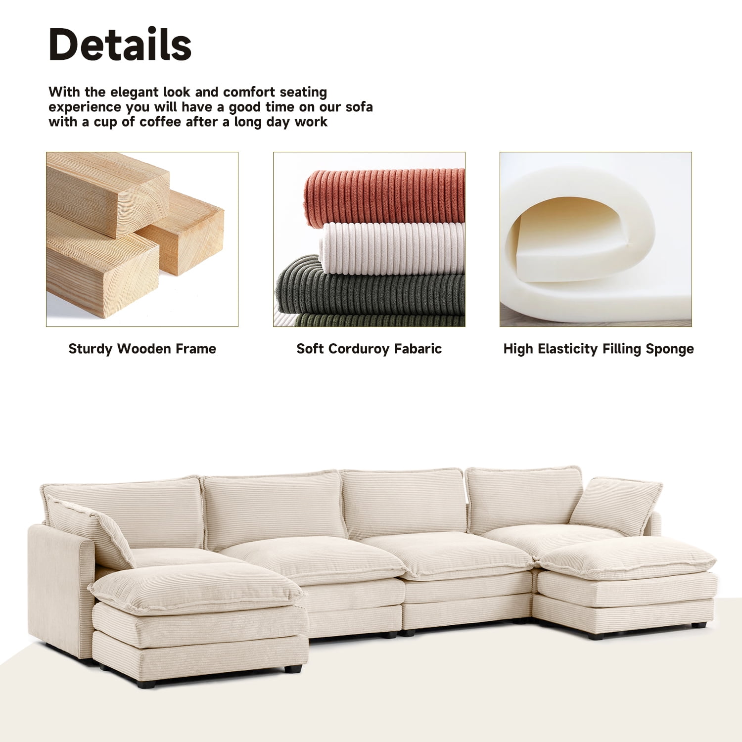 JUSTLET U-Shaped Sectional Sofa Set, Indoor Furniture Convertible Modular Corduroy Sectional Sofa Set with 2 Ottomans for Living Room,Beige
