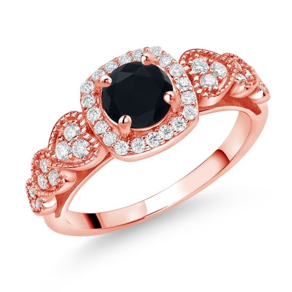 Gem Stone King 18K Rose Gold Plated Silver Black Onyx and White Moissanite Engagement Ring for Women (1.18 Cttw, Round 6MM, Gemstone December Birthstone, Size 9)