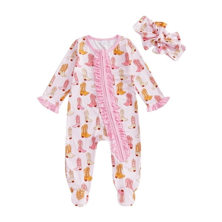 

GOODLUCKY Baby Girls Jumpsuit Long Sleeve Boots Print Zipped Casual Romper