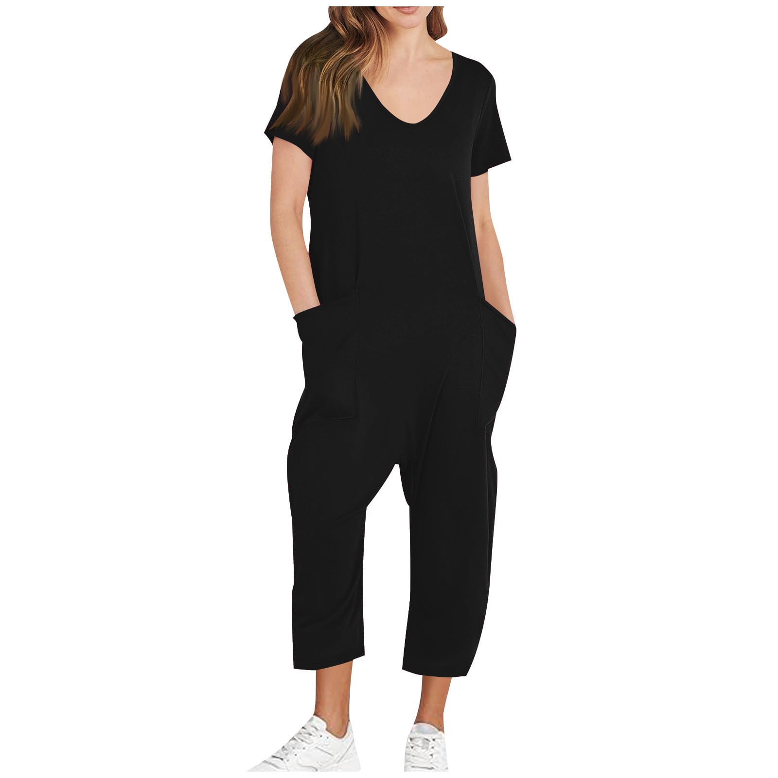 AGWOLF Adult Onesie Pajamas for Women Stretch V Neck Short Sleeve Jumpsuits Loose Fit Solid Ankle Length Pants Summer Rompers with Pockets Soft Sleepwear Homewear One Piece Black XXL