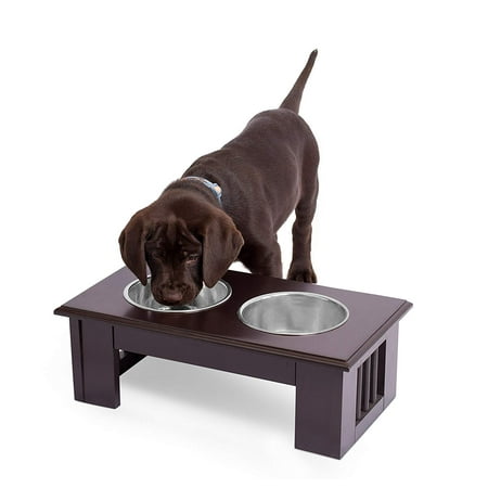 Internet's Best Traditional Elevated Pet Feeder | 2 Small Dog Food Water Bowls | Designer Decorative Raised Stand with Double Stainless Steel Bowls | Espresso