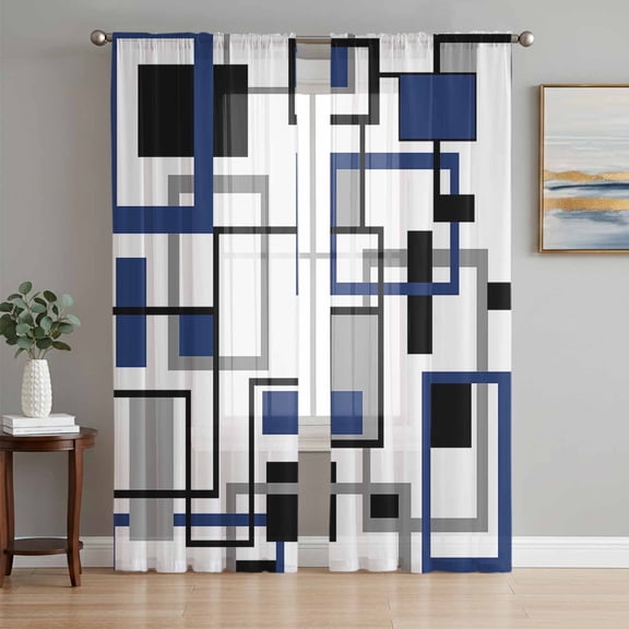 Sheer Curtain Panels Modern Geometric Abstract Rod Pocket Voile Window Curtains Mid Century Blue Window Treatments Ligh Filtering Privacy Curtain Drapes for Bedroom Living Room 2 Panel Set 72 Inch