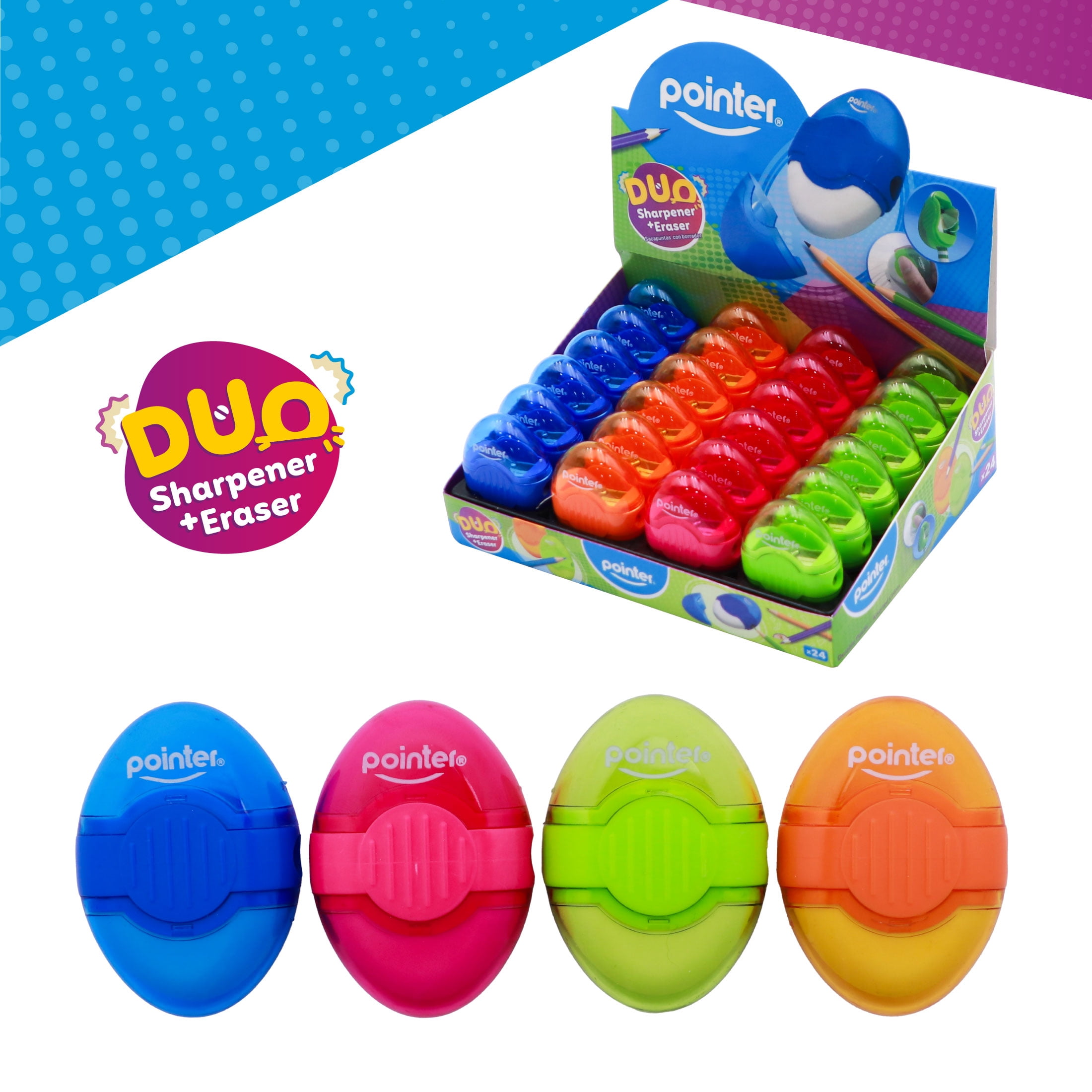 Pointer Handheld Manual Pencil Sharpeners, Oval‑Shaped, Single‑Hole, 2‑in‑1 Eraser and Container, Assorted Colors, 24 Count, 1 pack