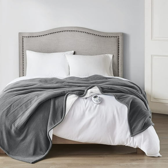 Serta Heated Blanket - Reversible Fleece to Sherpa Electric Blanket, Fast Heating, Auto Shut Off Timer, Multi Heat Setting, ETL Certified, Machine Washable, Grey Twin 84""x 62""