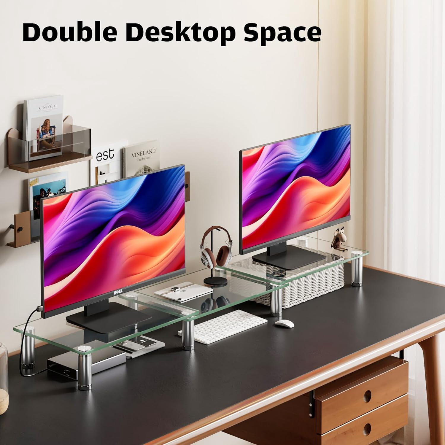Adjustable Length and Angle Dual Monitor Riser Desktop Organizer for Computer and Laptop in Clear