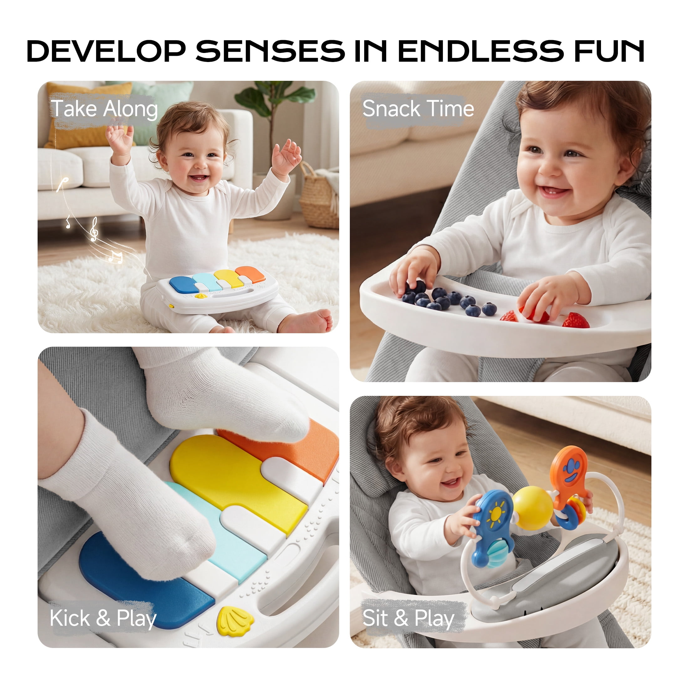 Babyomi 4-1 Baby Bouncer , 3-Level Recline Foldable Rocker for Infant to Toddler 0-6 with Detachable Pianos, Feeding Tray and Play Bar 12-24 Months, Girls and Boys Gift, Gray
