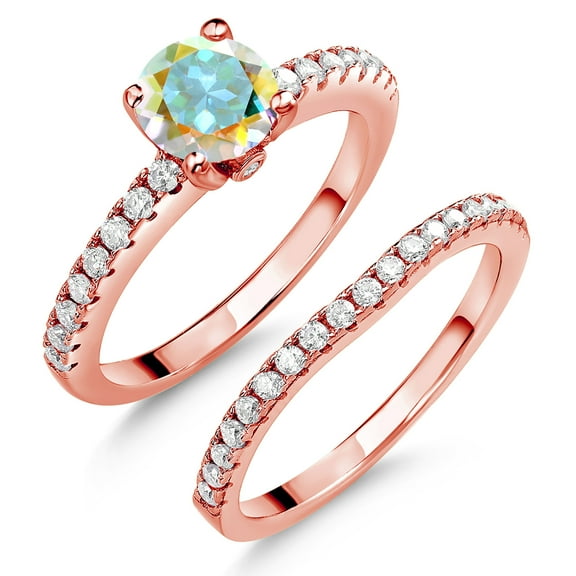 Gem Stone King 18K Rose Gold Plated Silver Mercury Mist Mystic Topaz and White Moissanite Wedding Engagement Band Bridal Set Ring for Women (1.49 Cttw, Gemstone, Available in Size 5, 6, 7, 8, 9)