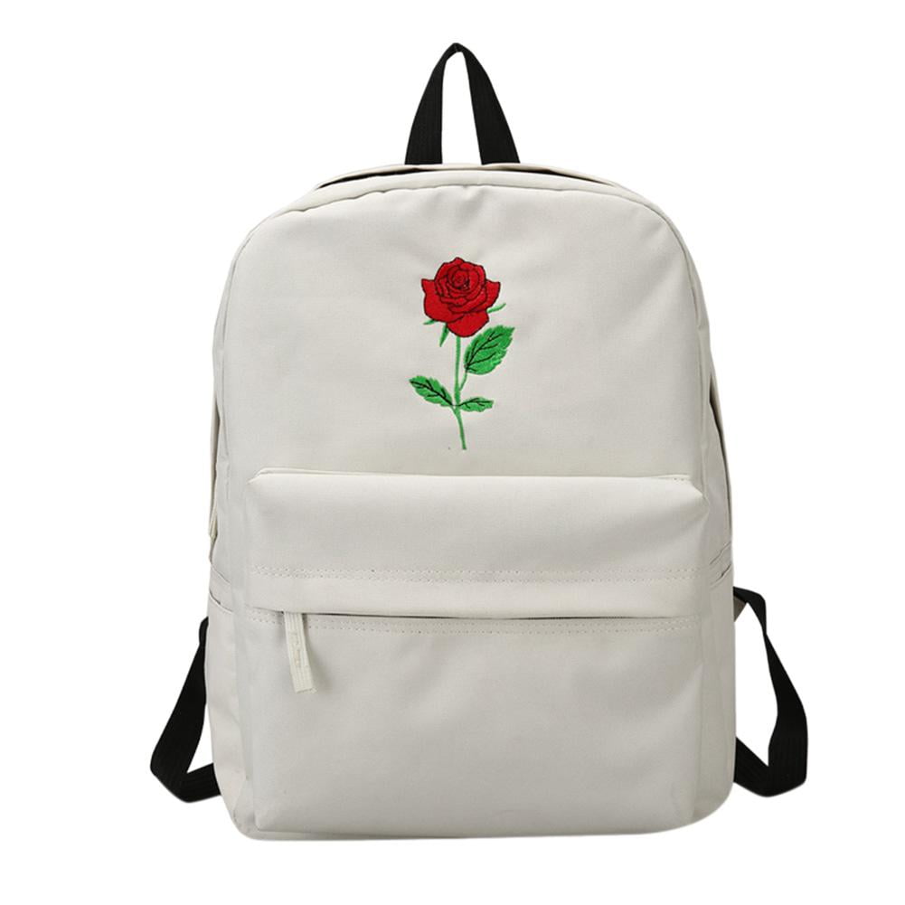 TBOLINE Unisex Students Embroidered Canvas Backpack School Bag(Roses White)