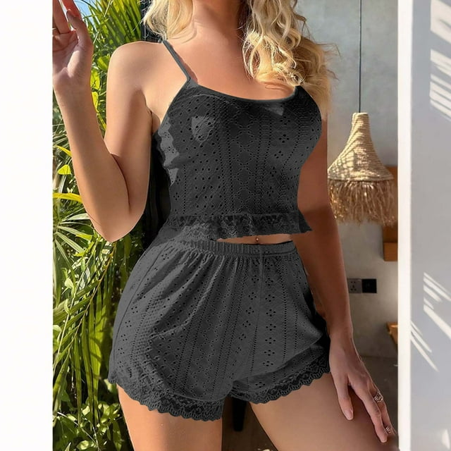TaTaai Silky Two-Piece Sleep Set, Women's Breathable Hollow Out Pajamas, Soft Suspender Loungewear for Home Wear and Intimate Evening Relaxation Gift