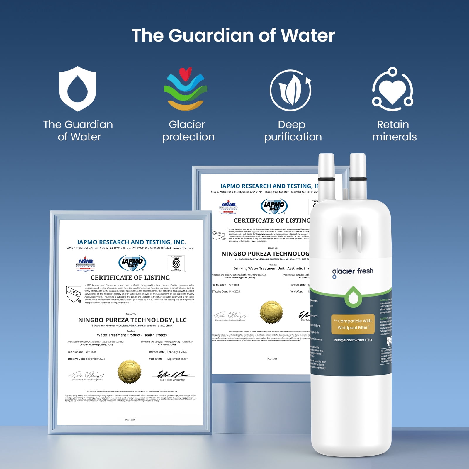 GLACIER FRESH EDR1RXD1 Refrigerator Water Filter, NSF/ANSI 53 & 372 Certified, Compatible with W10295370A, EDR1RXD1, WHR1RXD1, Filter 1, P8RFWB2L, 46-9930, 6 Pack