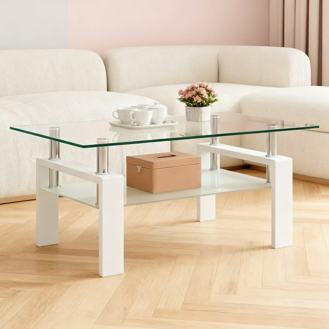 QJTC Rectangle Glass Coffee Table with Storage Shelf, Clear Coffee Table with White Metal Legs for Living Room