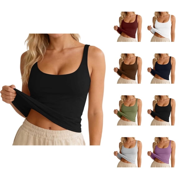 Womens Tank Tops with Built in Bras Slim Fitted Scoop Neck Plain Padded Shirt Sleeveless Summer Tops
