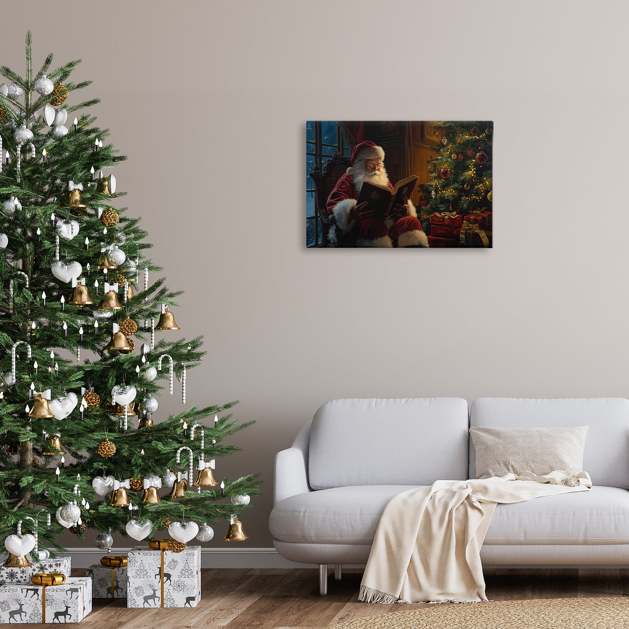 Stupell Industries Santa Reading by Tree Holiday Painting Gallery Wrapped Canvas Art Prints Wall Art, 30 x 20