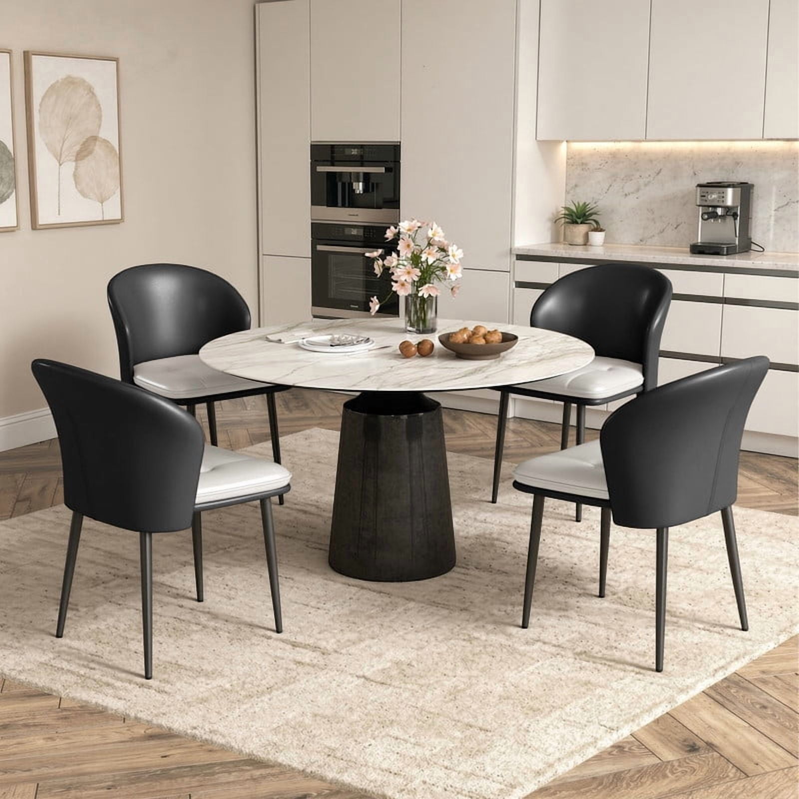 Hawsaiy Faux Leather Dining Chairs Set of 2, Modern Curved Back Upholstered Kitchen Side Chairs with Metal Legs, Black