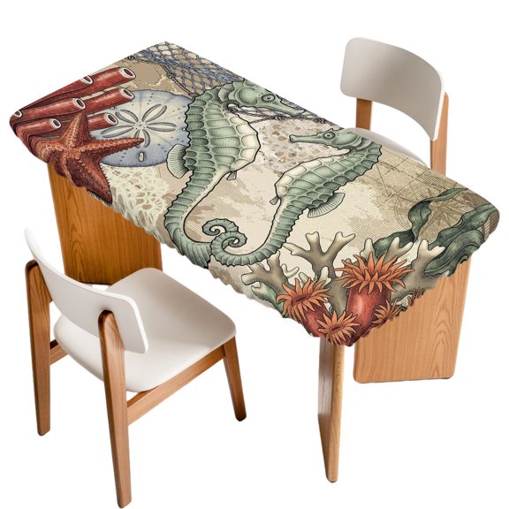 Coastal Green Seahorses Fitted Rectangle Tablecloth 24" x 50" Vintage Nautical Compass Coral Ocean Elastic Table Cloth Fits for 4 Foot Folding Tables Waterproof Table Cover for Picnic Camping Outdoor