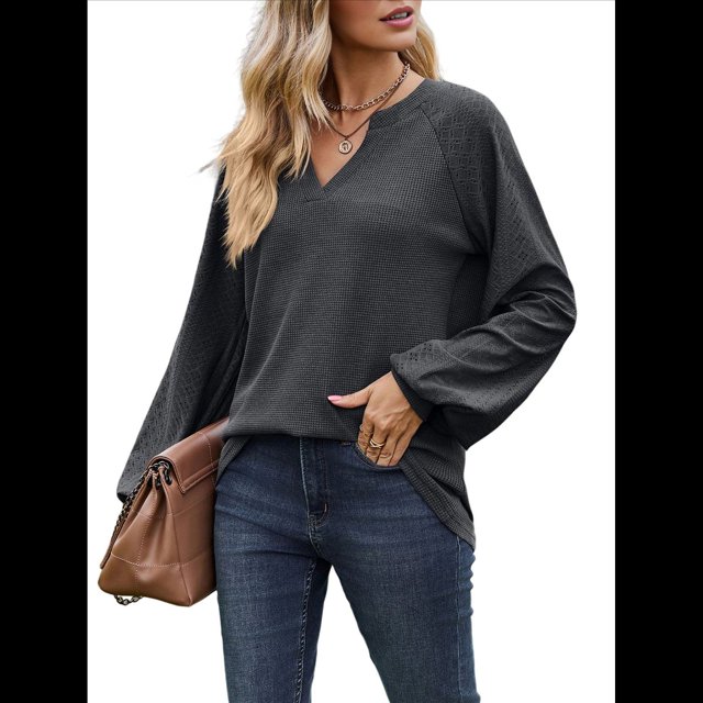 Camisetas de Larga para Mujer, Blusa con Escote en V Profundo, Elegantes e Informales, Moda 2025, Holgadas y Suaves, para Otoño e Invierno Gris Oscuro L