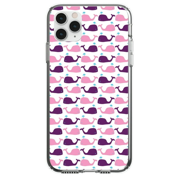 DistinctInk Clear Shockproof Hybrid Case for iPhone 12 MINI (5.4" Screen) - TPU Bumper, Acrylic Back, Tempered Glass Screen Protector - Purple Pink Cartoon Whales - Cartoon Whales