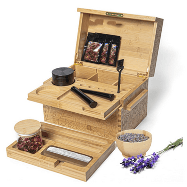 Stash Box With Lock - Wooden Stashbox For Herbs With Accessories Set, Rolling Tray, Grinder, Smell Proof Glass Jar Combination, Large Bamboo Wood Storage Box  Pot Stash Box Kit
