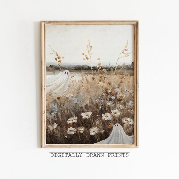 Cute Ghost Wildflower Field Vintage Autumn Decorative Wall Art Poster