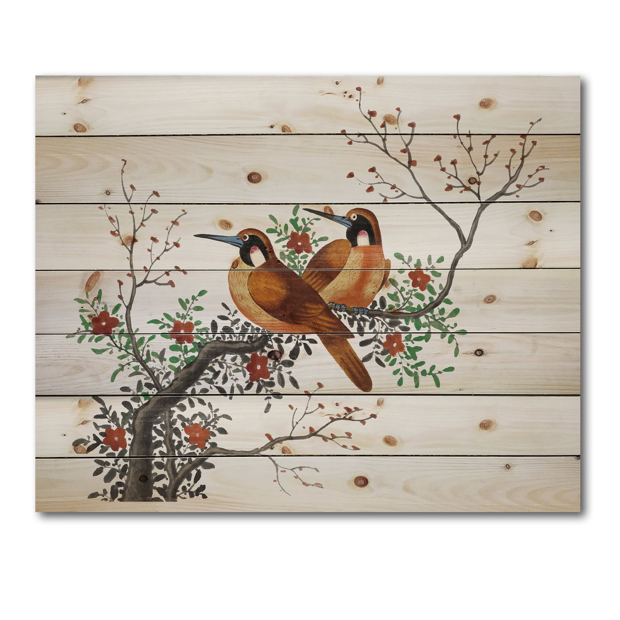 Designart 'A Flowering Tree Branch With Two Chinese Birds' Traditional Print on Natural Pine Wood