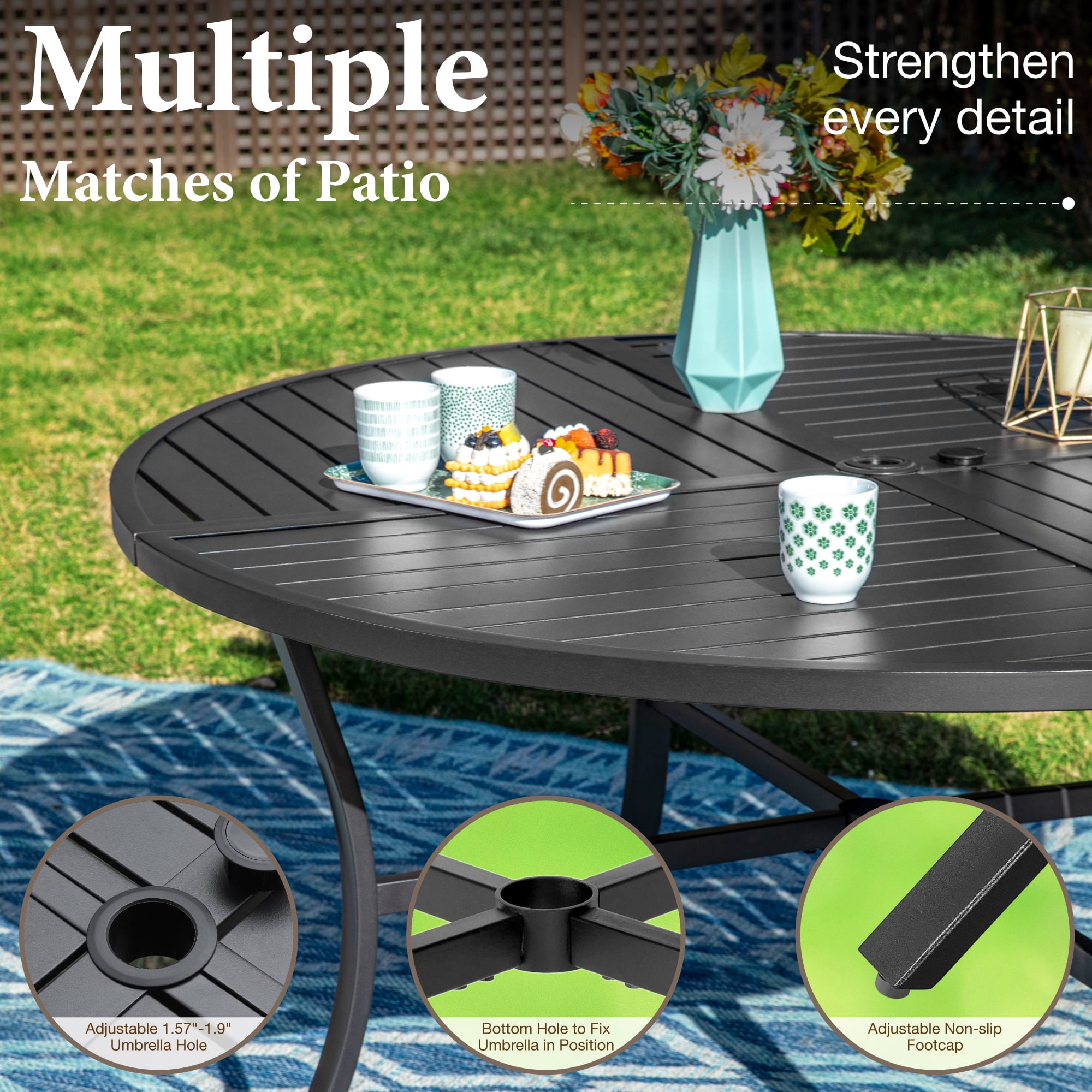 SUMMIT LIVING 7-Piece Outdoor Patio Dining Set with 6 Pieces Textilene Chairs & Round Steel Table with Umbrella Hole, Black & Brown