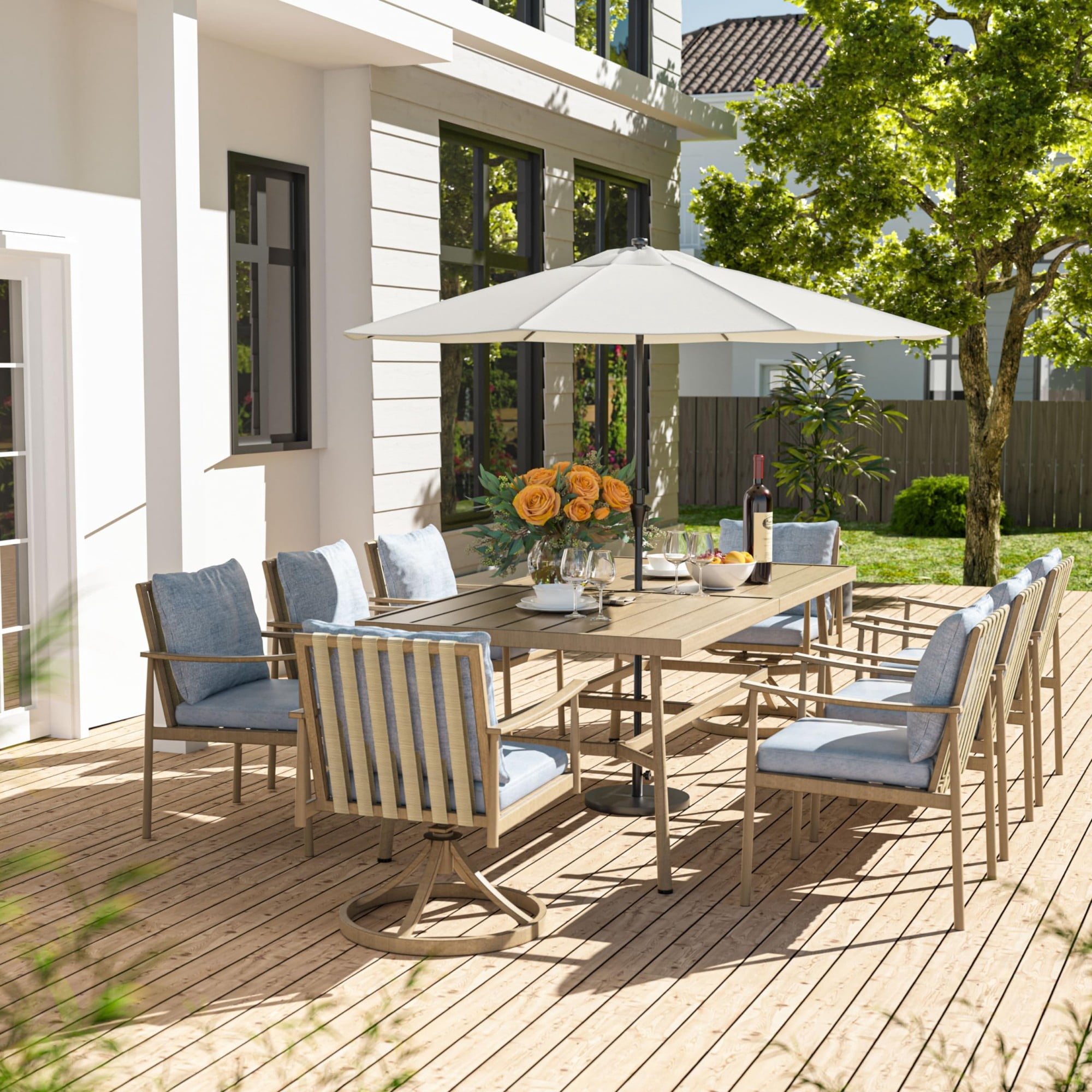 Patio Dining Table for 8, 84 Inch Outdoor Aluminum Table with Umbrella Hole, All Weather Rectangle Patio Table for Backyard Garden Poolside Deck, Brown