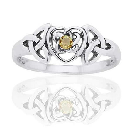 Cetic Knot November Birthstone Ring - Sterling Silver Simulated Citrine Glass Celtic Trinity Knot Heart ()
