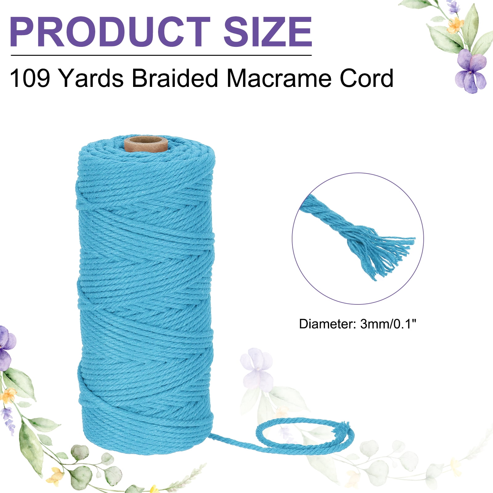 Braided Macrame Cord, 3mm x 109 Yards Natural Cotton Rope Macrame Yarn Bohemia Craft String with Scissors(Lake Blue)