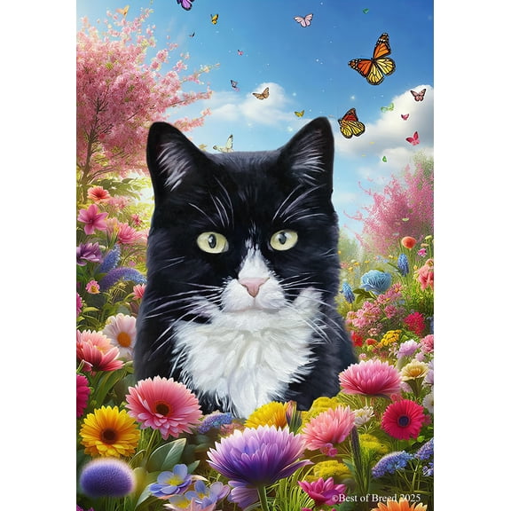 Tuxedo Cat - Best of Breed Spring Butterfly Outdoor Garden Flag 12" x 17" Mailbox Flag